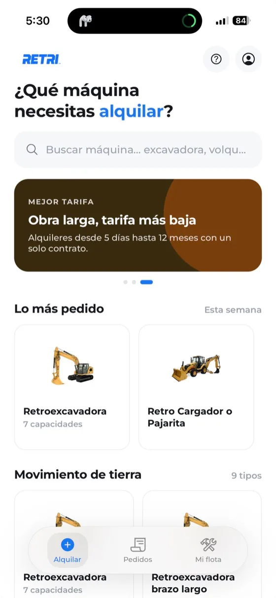 App de Retri para clientes: buscador de máquinas, tarifas y lo más pedido